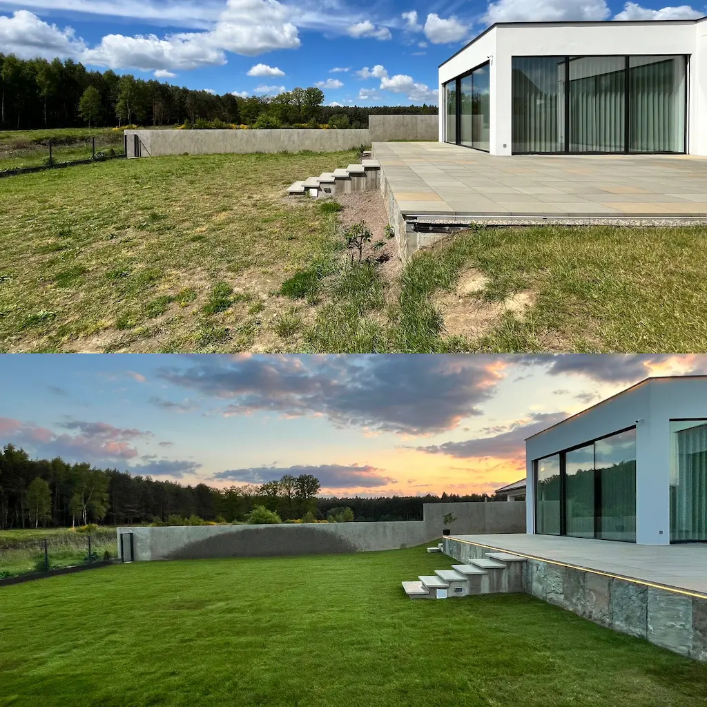 Trawa z rolki przed i po — metamorfoza ogrodu Częstochowa